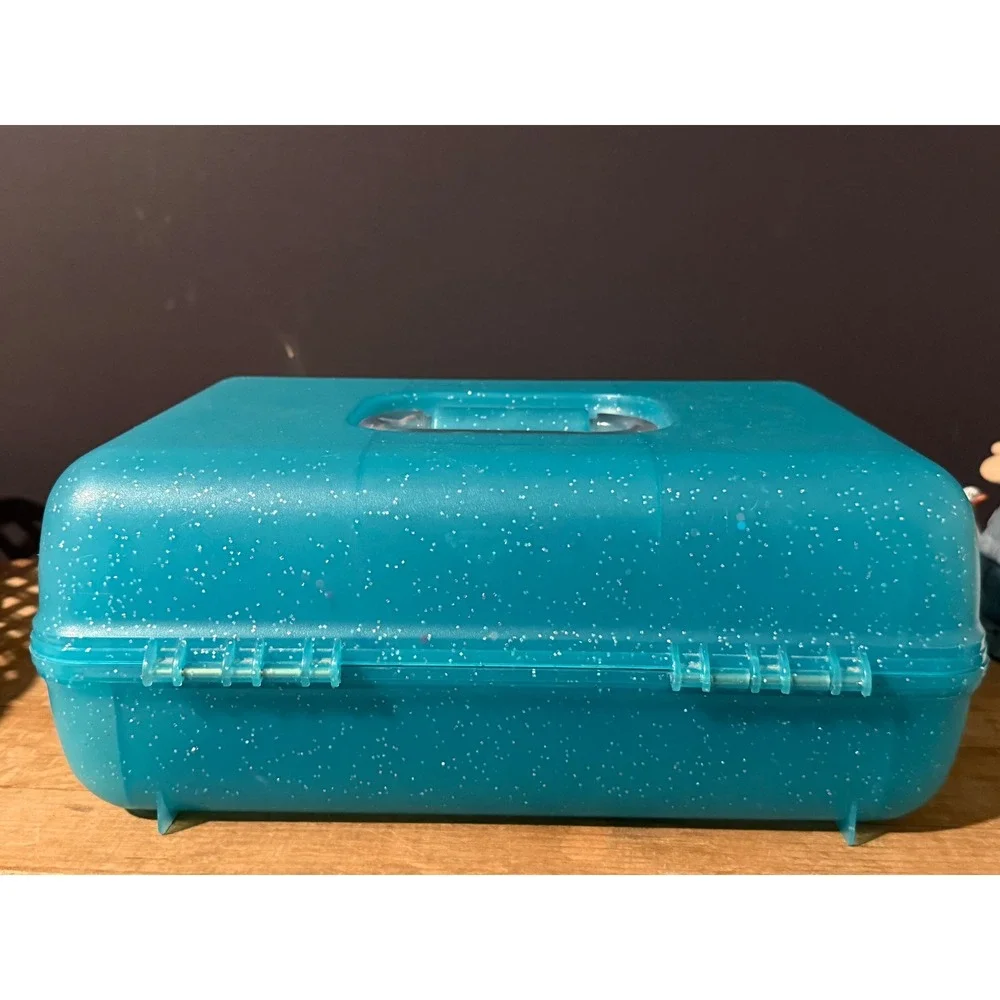 Vintage Caboodles Jellies Organizer Vanity Teal Blue Glitter Makeup Case 2762